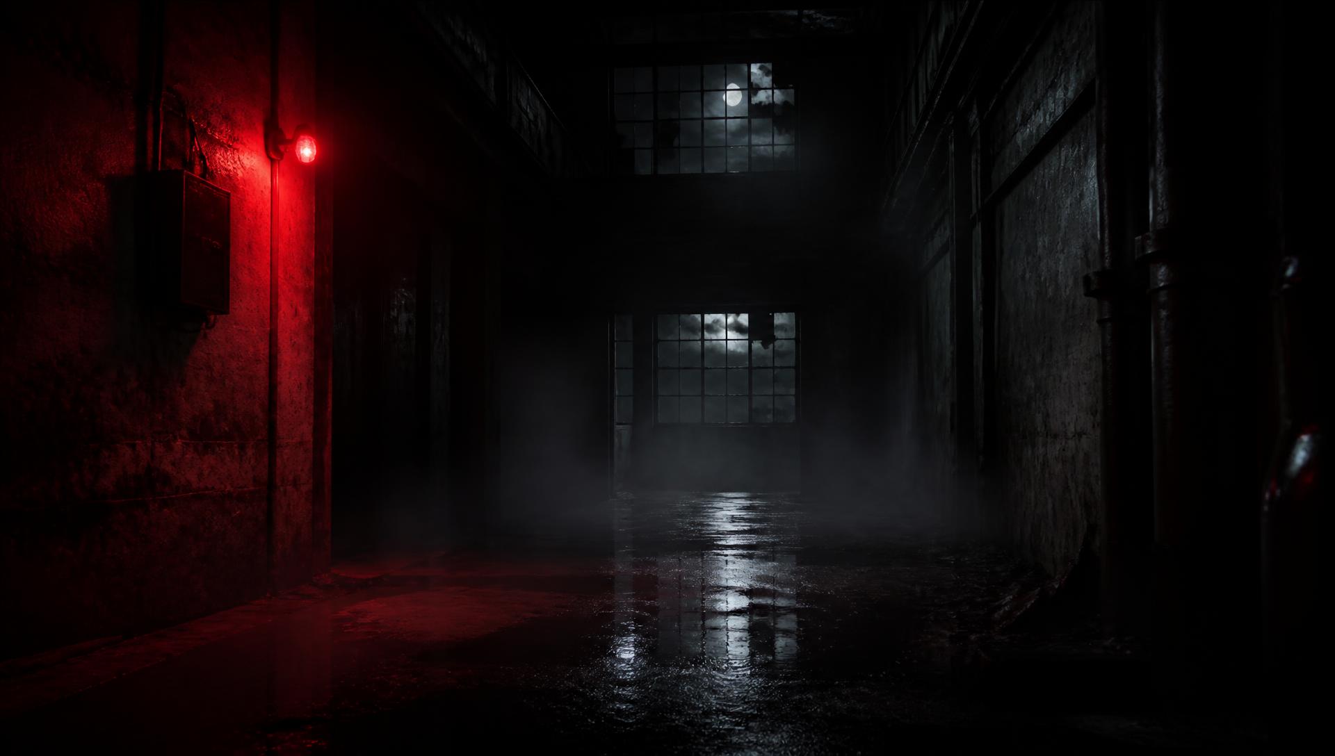 Fog-filled abandoned warehouse hallway lit by a flickering red emergency light
